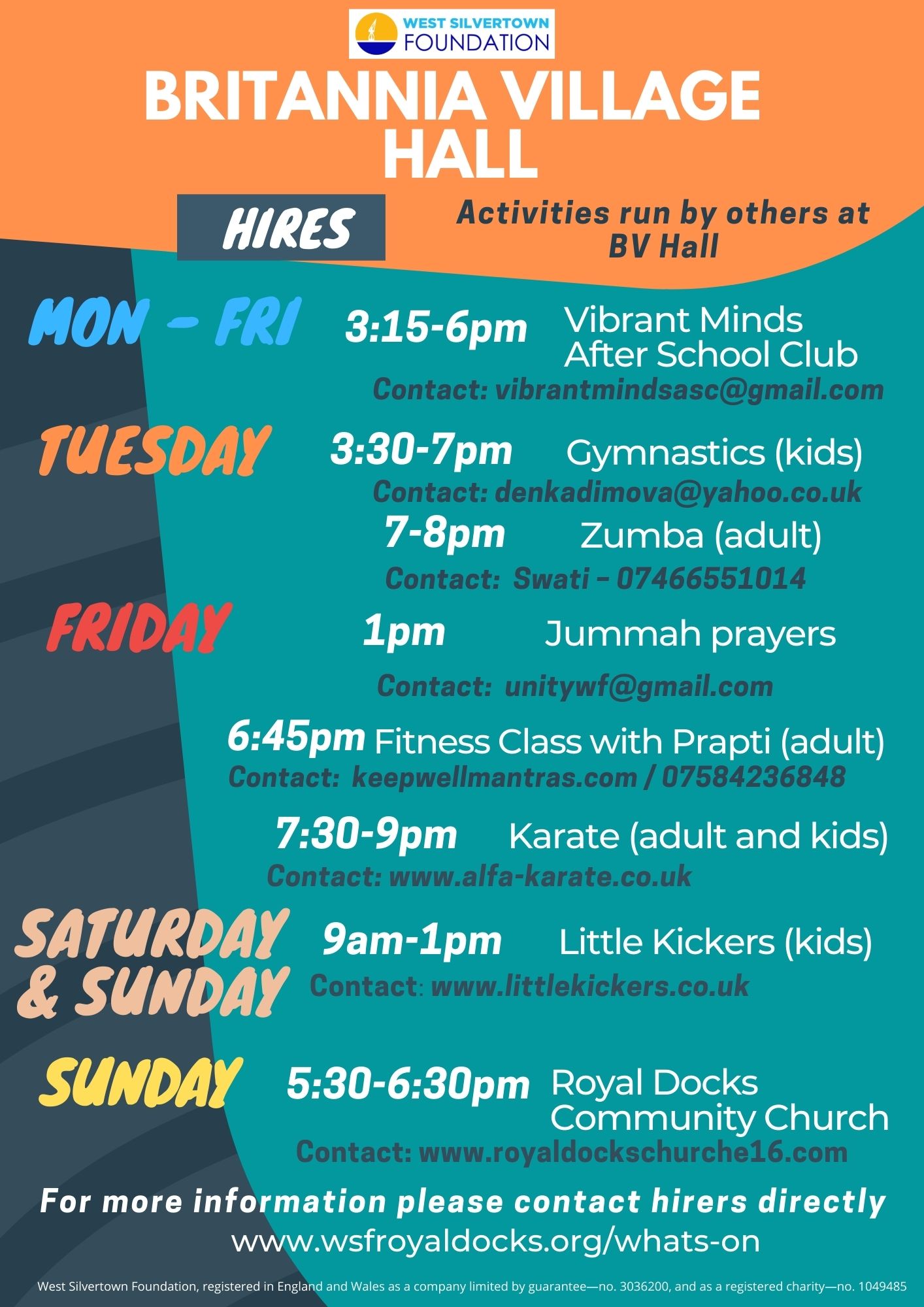 Hire Timetable BVH West Silvertown Foundation Hire Timetable BVH West Silvertown Foundation