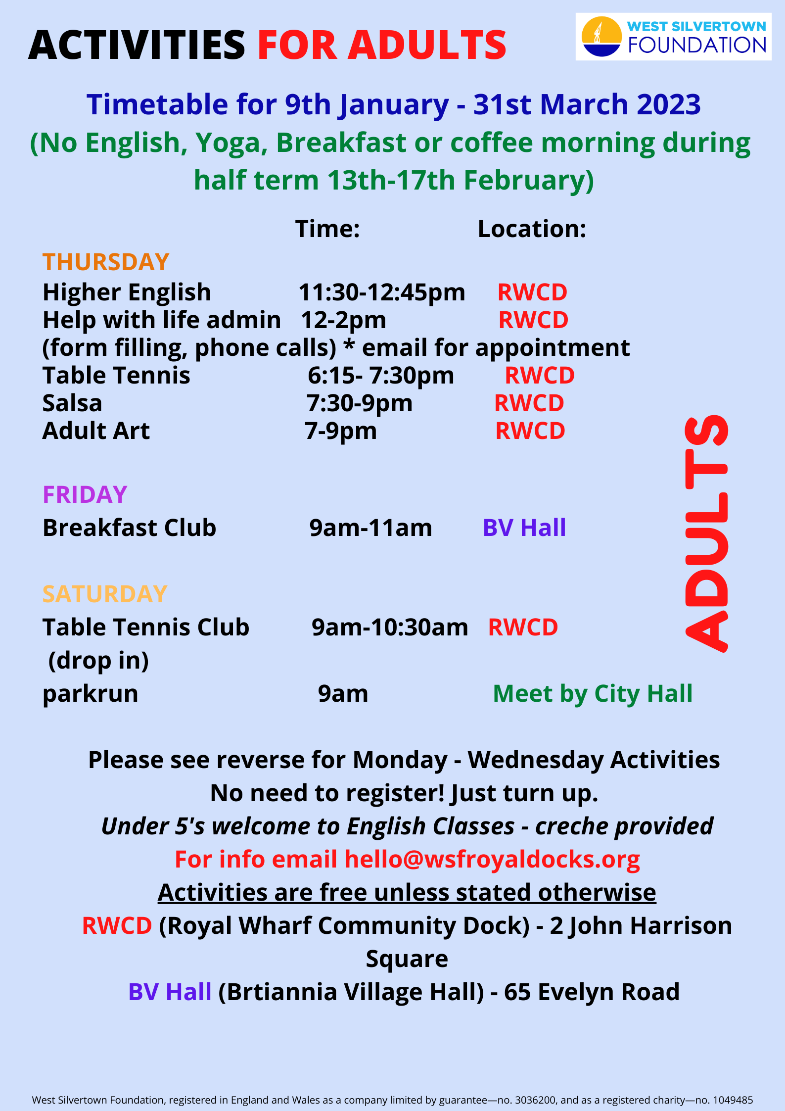 Adults Thurs-Sun timetable Jan-Mar 23