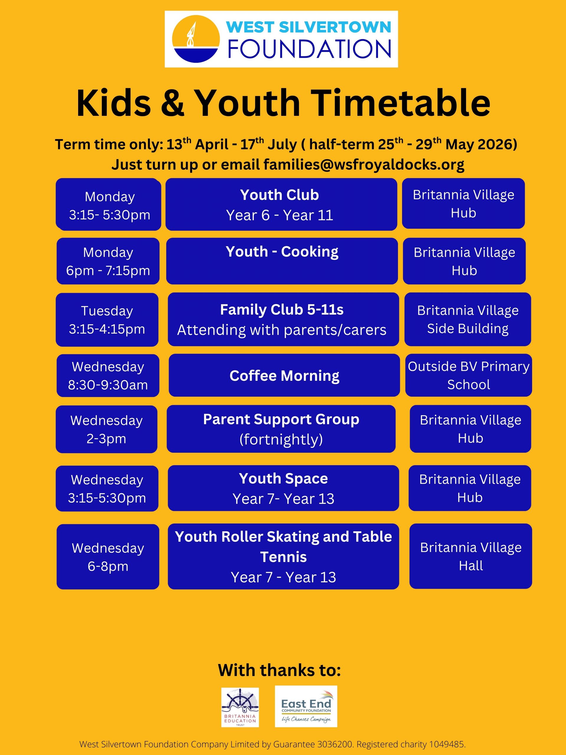 Kids and Youth Timetable April - July 2026