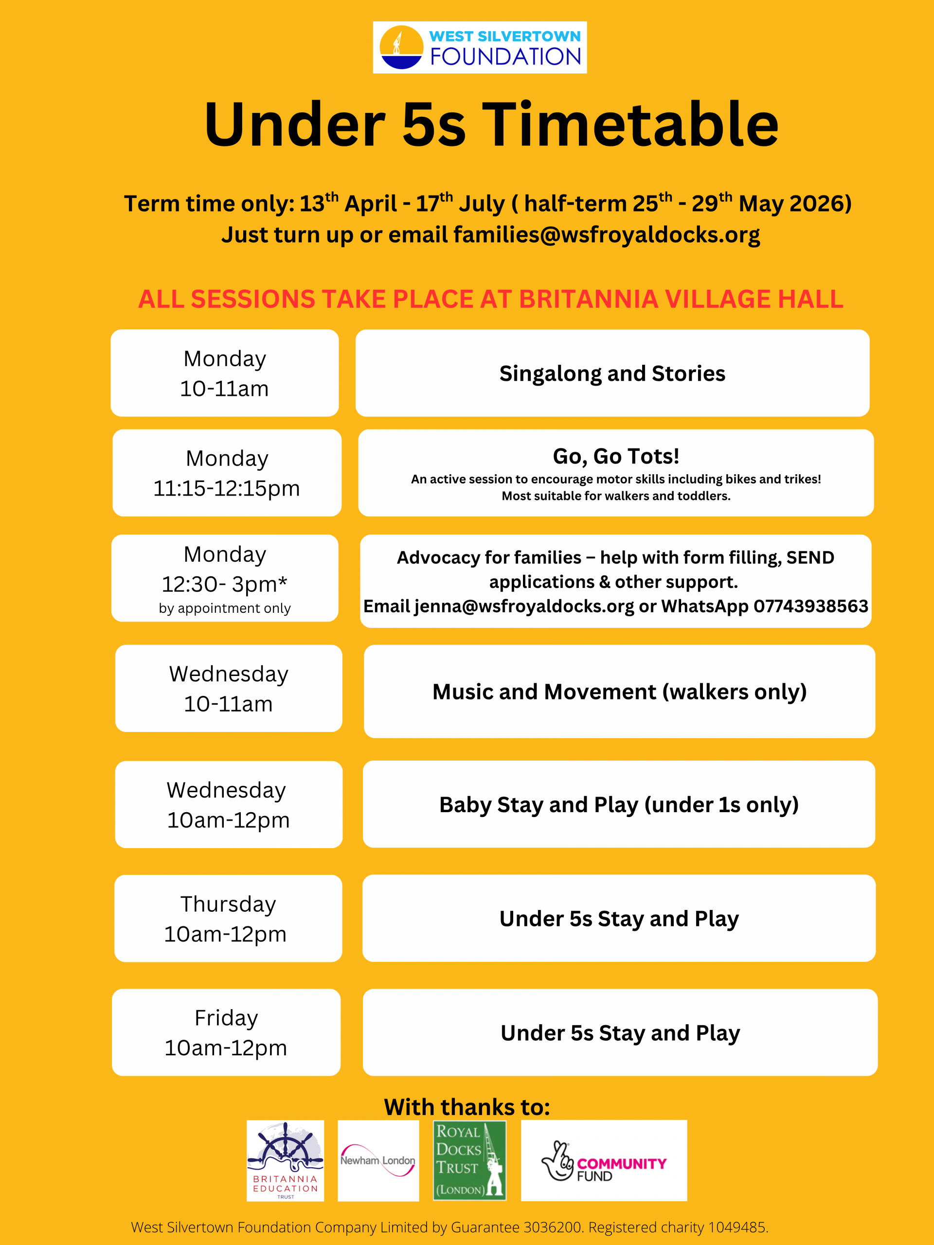 Under 5s Timetable April - July 2026