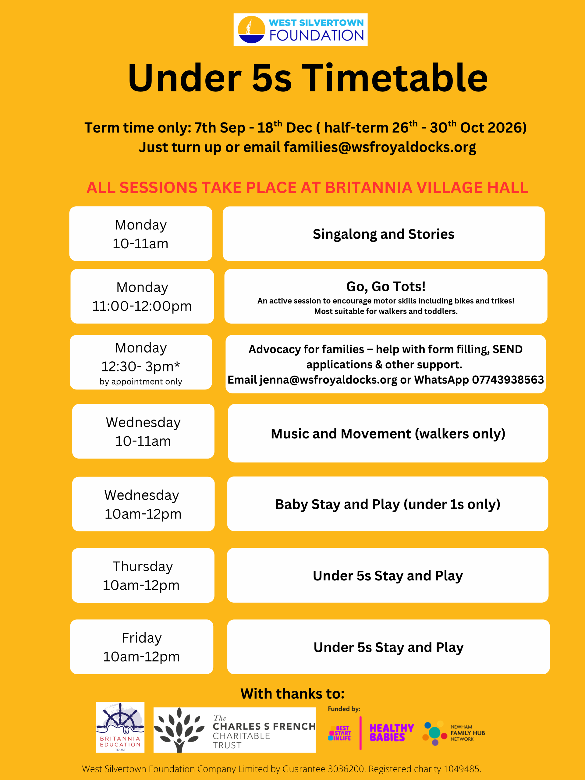 Under 5s timetable Sep - Dec 2026